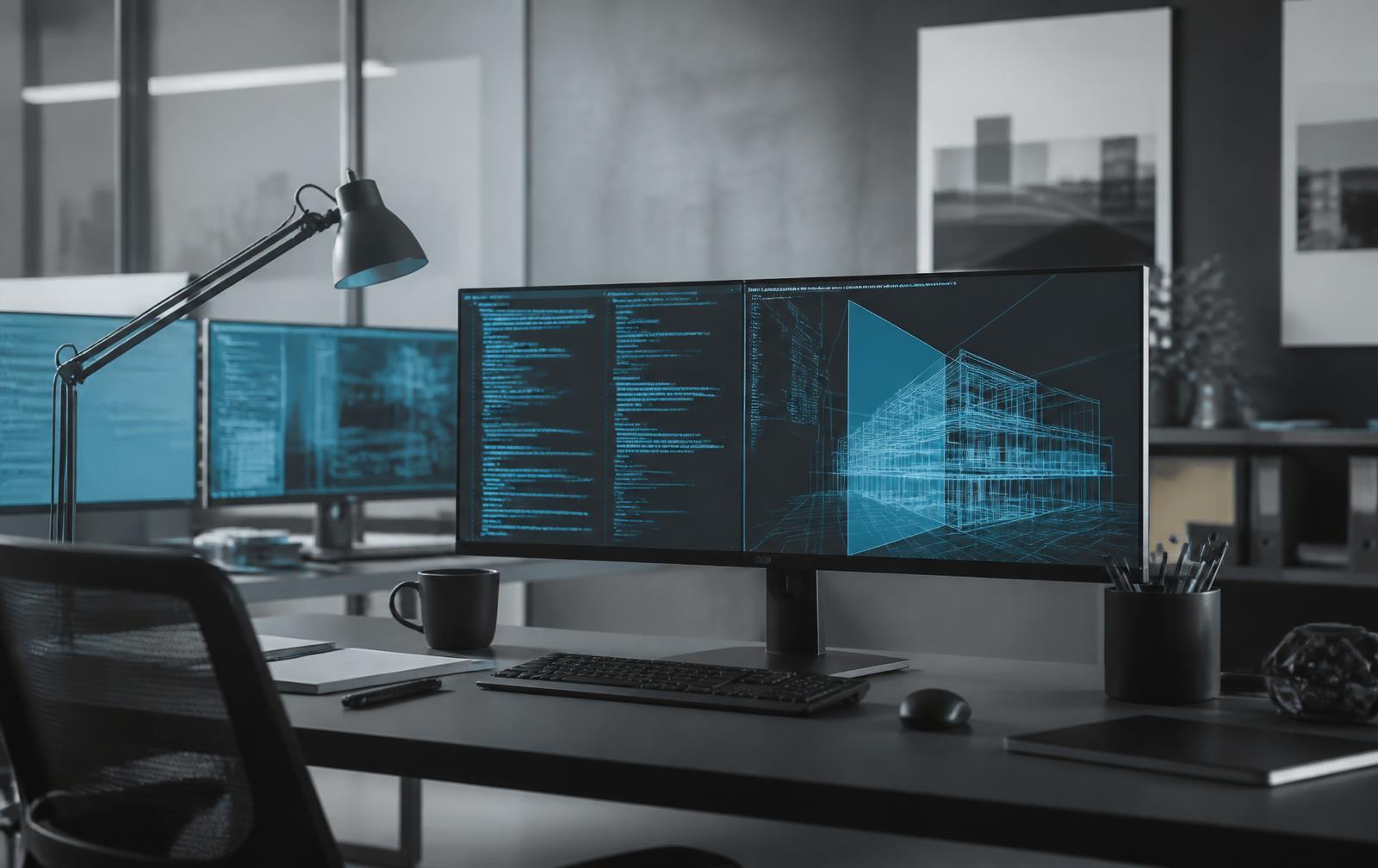 Duotone photograph of an engineering workspace with monitors showing code and architecture diagrams