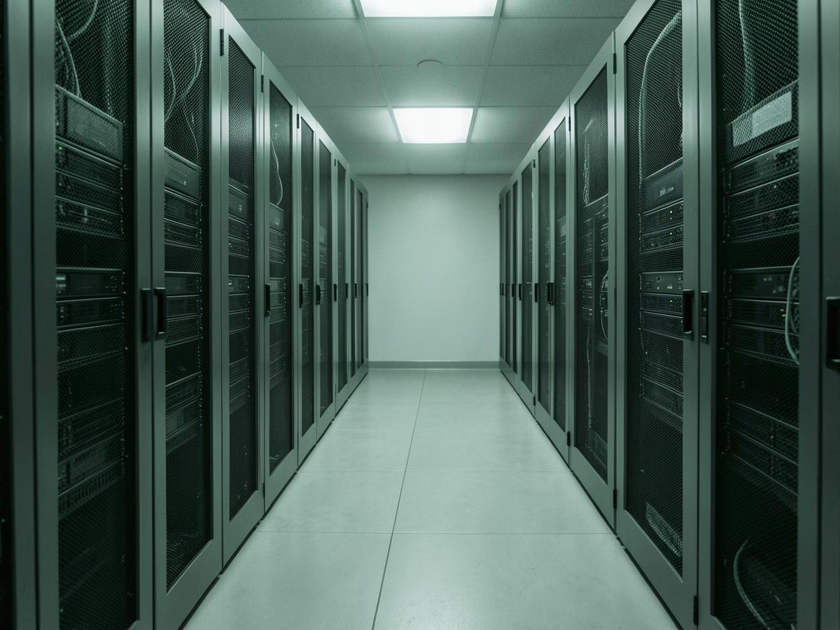 Duotone view of an orderly server room aisle with rack-mounted equipment