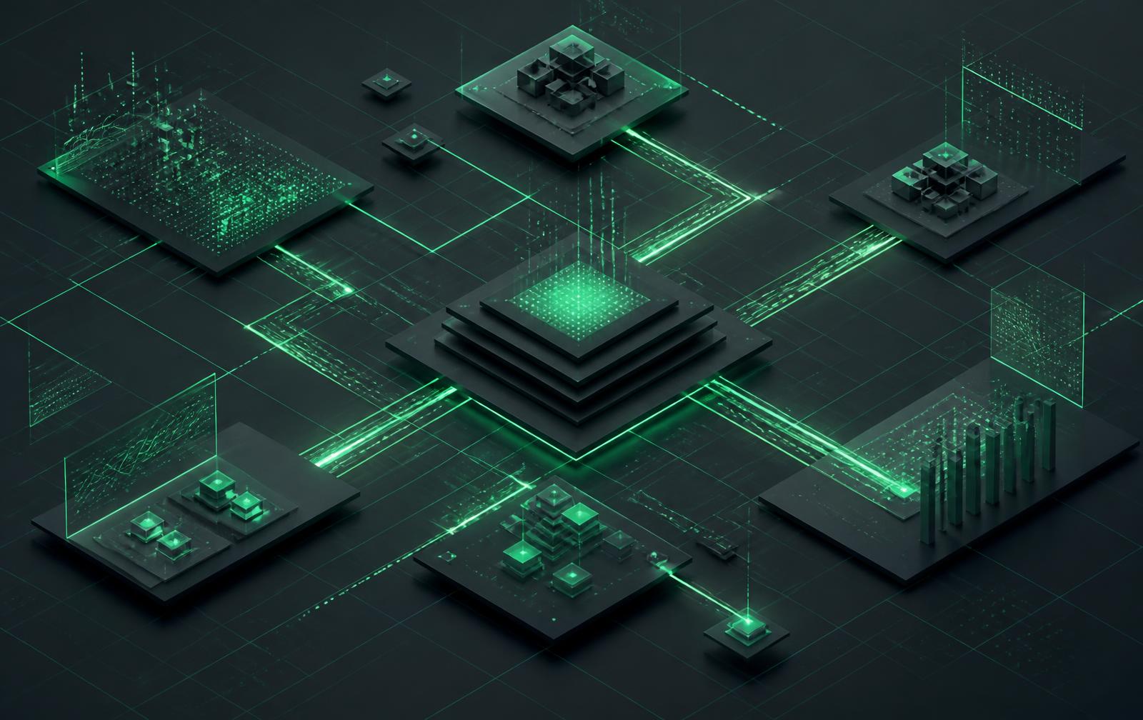 Abstract isometric visualization of modular digital infrastructure connected by illuminated data pathways